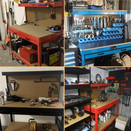 Stół warsztatowy z uchwytami blat 115x55 cm szuflada haki x12 stabilny stal