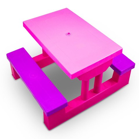 Stolik ogrodowy dla dzieci z parasolem różowy zestaw z ławeczkami do ogrodu