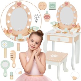 TOOKY TOY Drewniana Toaletka z Krzesełkiem Akcesoria Lustro z Oświetleniem LED + Kosmetyki